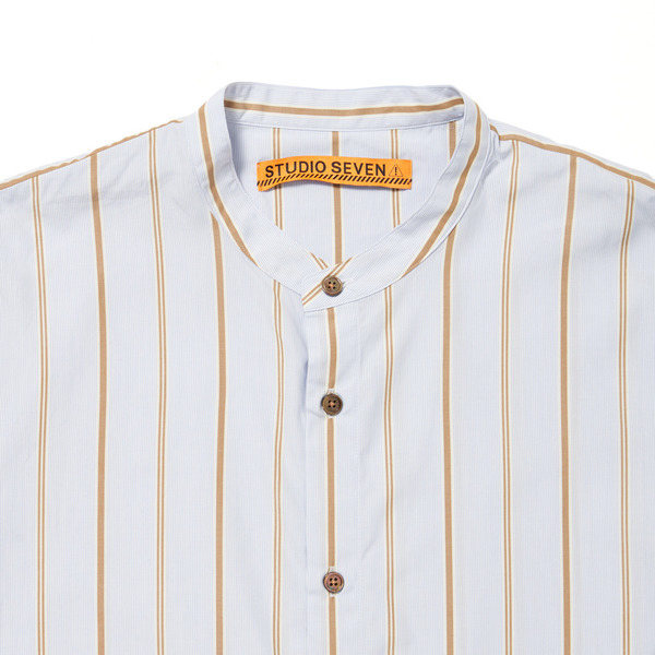 Mao Collar Long Tail Stripe SS Shirt 詳細画像 Sax 1