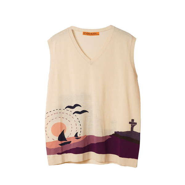 Sunset Graphics Intarsia Knit Vest 詳細画像 Beige 1